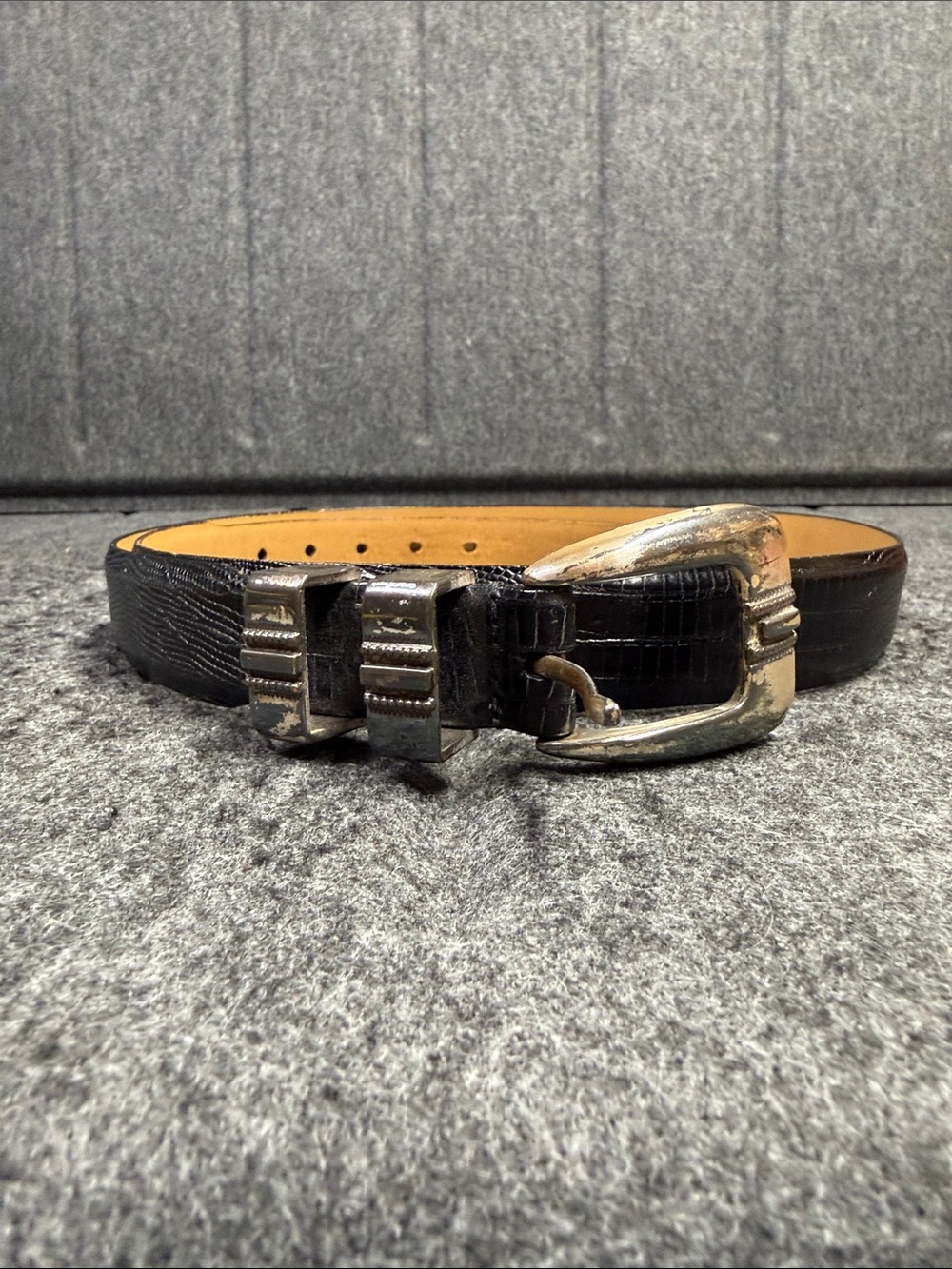 Johnson and Murphy Men's Black Croc-Embossed Leather Belt with Silver Buckle